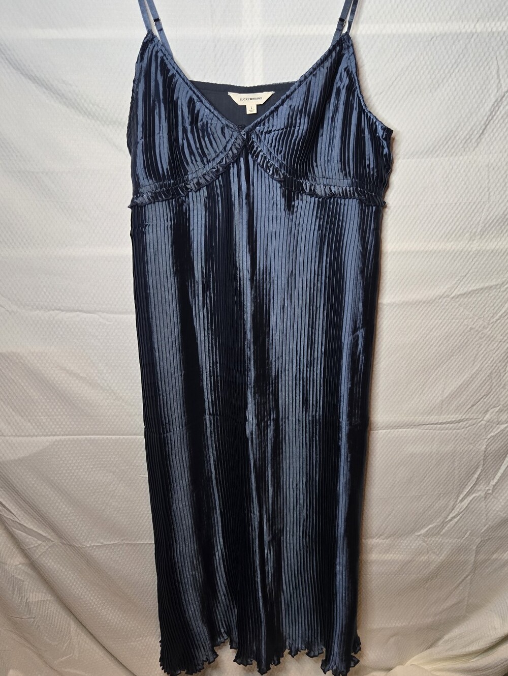 Navy Silky Etheral Slip Dress With Pleating And Ruffles